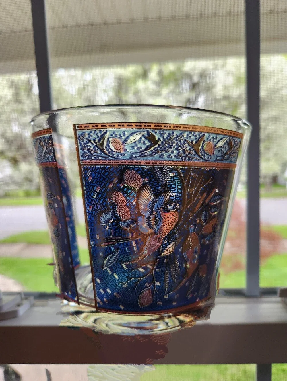 Vintage 1970s Houze Art Glass Pheasant Ice Bucket, Blue Gold Purple Cranberry 6